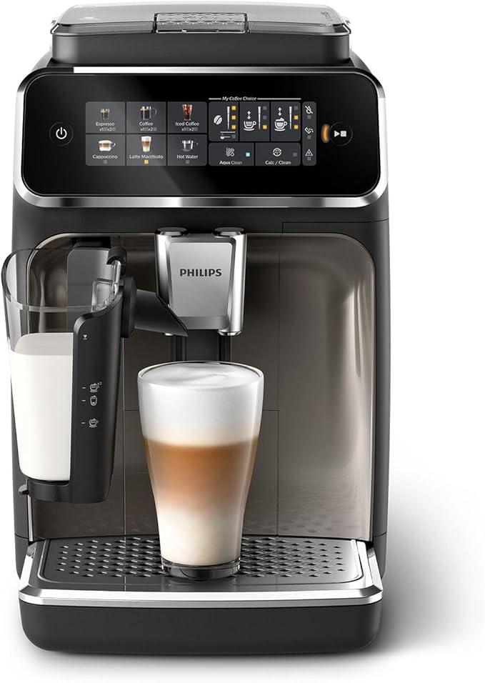 Philips 3200 LatteGo super-automatic espresso machine with milk carafe attached