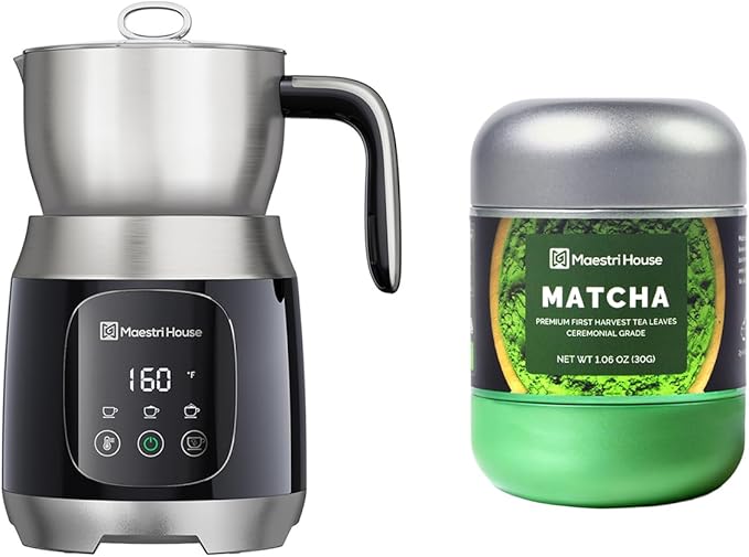 Maestri House milk frother with temperature and froth level control knobs on the base