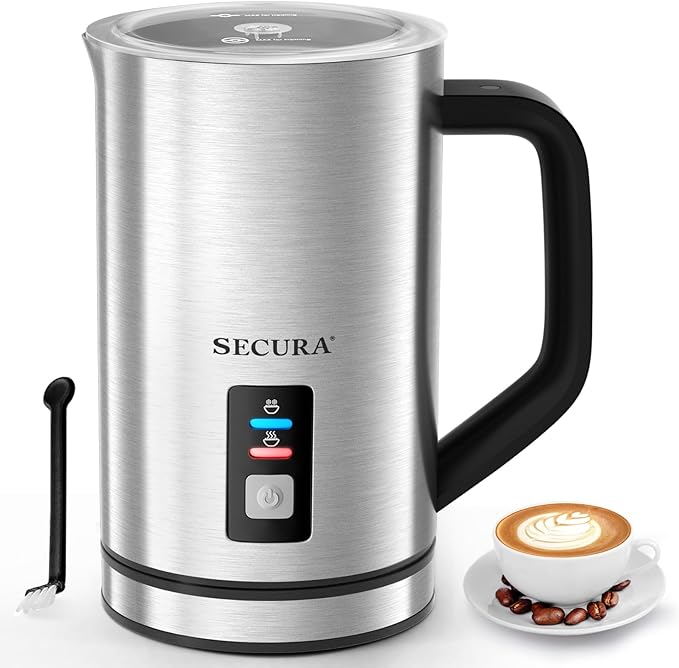 Secura stainless steel automatic milk frother with handle and transparent lid